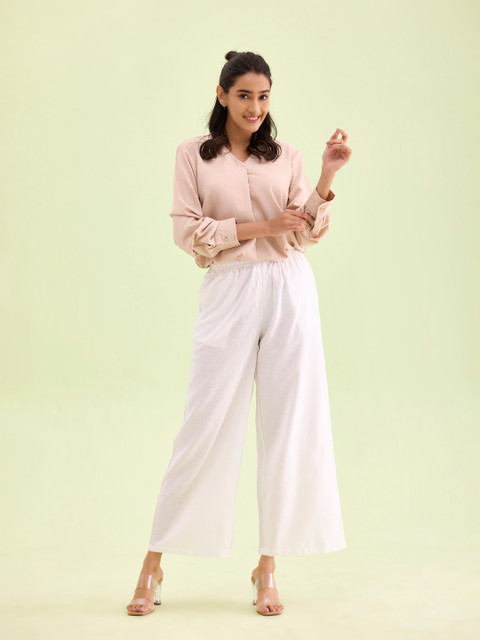 Go Colors Women White Linen Palazzos