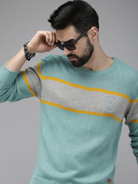 Roadster Men Blue & Grey Colourblocked Acrylic Pullover with Brand Logo Embroidered Detail
