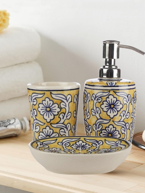 VarEesha Yellow & White Floral Printed Ceramic Bathroom Accessories Set - Image 2