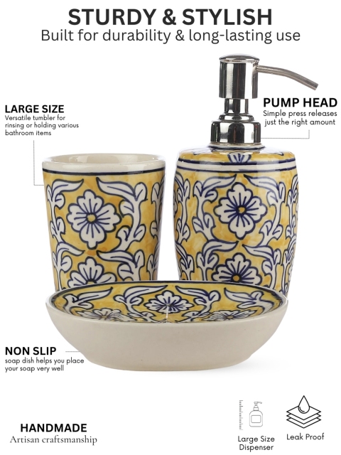 VarEesha Yellow & White Floral Printed Ceramic Bathroom Accessories Set - Image 5