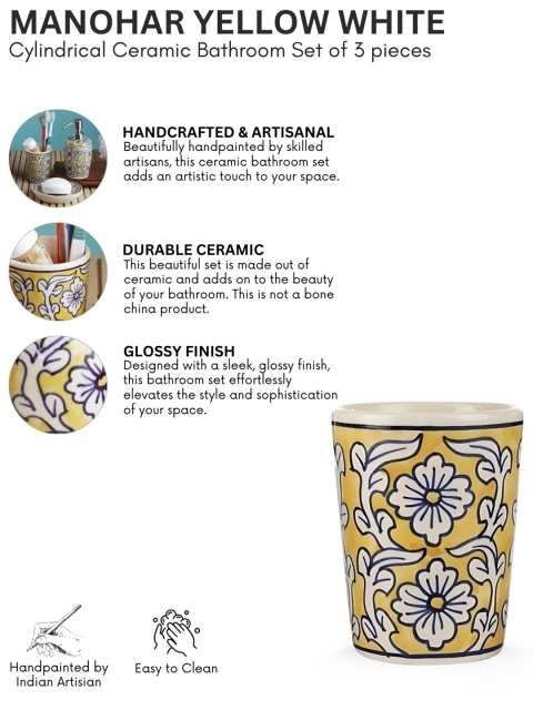 VarEesha Yellow & White Floral Printed Ceramic Bathroom Accessories Set - Image 4