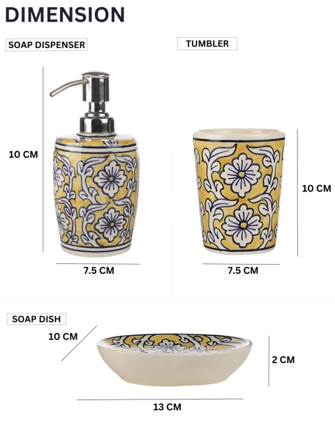 VarEesha Yellow & White Floral Printed Ceramic Bathroom Accessories Set - Image 7