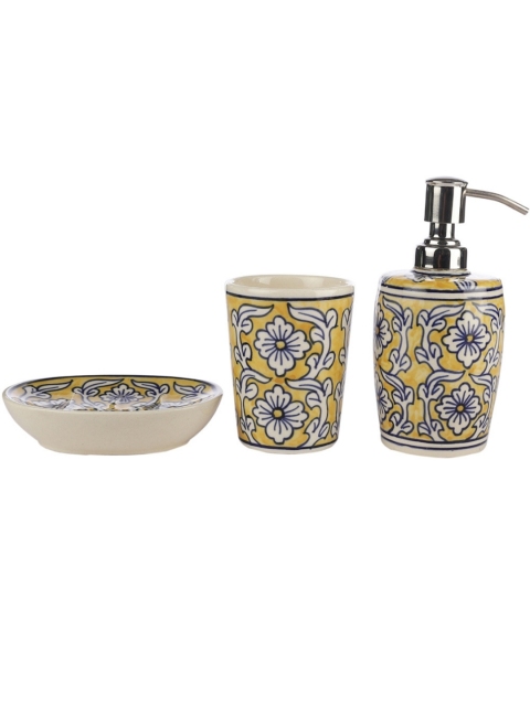 VarEesha Yellow & White Floral Printed Ceramic Bathroom Accessories Set - Image 3