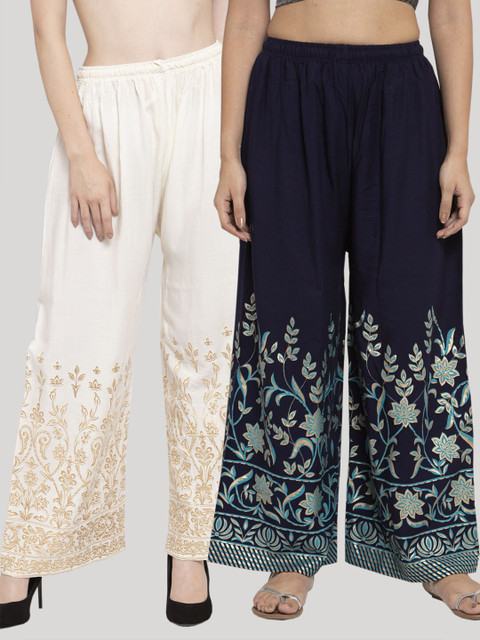 Clora Creation Women Cream-Coloured & Navy Blue 2 Floral Printed Knitted Ethnic Palazzos