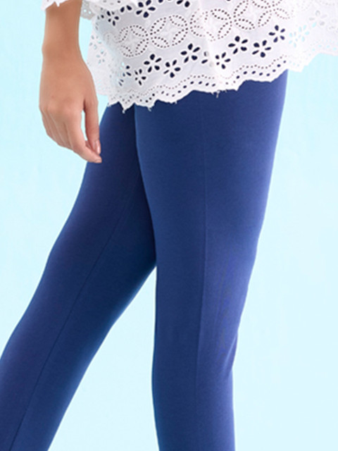 Go Colors Women Navy Blue Solid Churidar-Length Cotton Leggings - Image 5