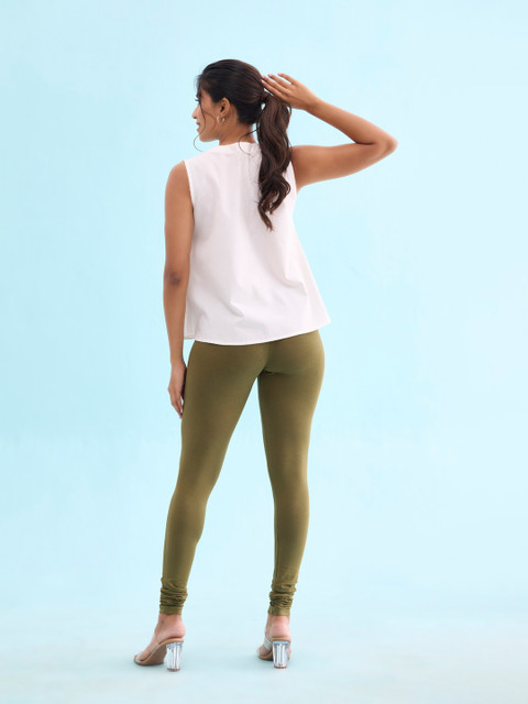 Go Colors Women Olive GreenSolid Churidar-Length Leggings - Image 3