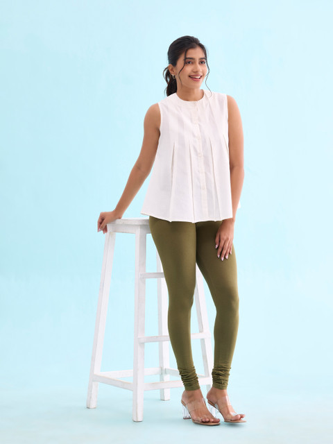 Go Colors Women Olive GreenSolid Churidar-Length Leggings - Image 4