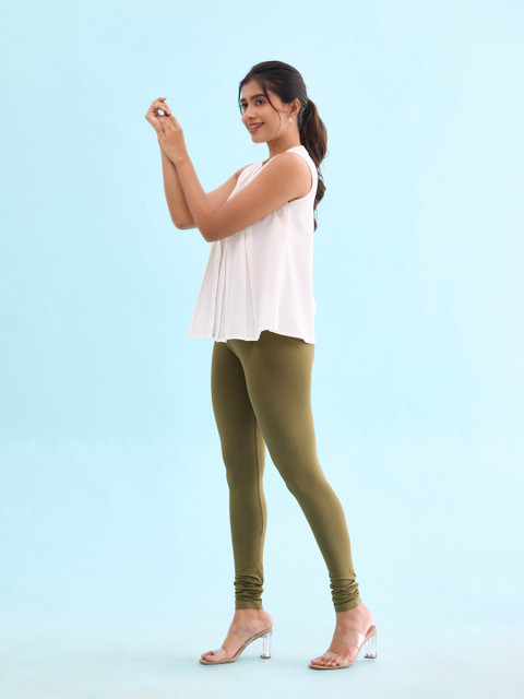 Go Colors Women Olive GreenSolid Churidar-Length Leggings - Image 2