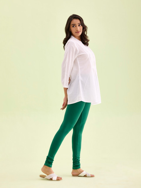 Go Colors Women Green Solid Churidar-Length Cotton Leggings - Image 2