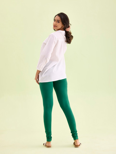 Go Colors Women Green Solid Churidar-Length Cotton Leggings - Image 3