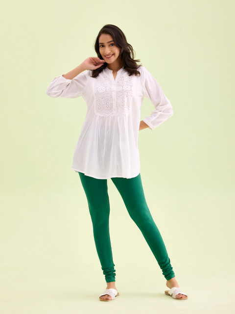 Go Colors Women Green Solid Churidar-Length Cotton Leggings