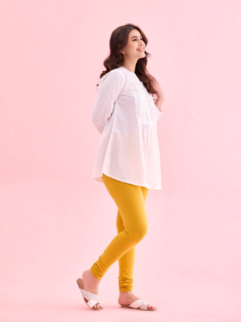 Go Colors Women Yellow Solid Cotton Churidar-Length Leggings - Image 2