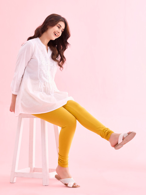 Go Colors Women Yellow Solid Cotton Churidar-Length Leggings - Image 4