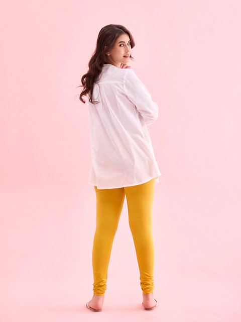 Go Colors Women Yellow Solid Cotton Churidar-Length Leggings - Image 3