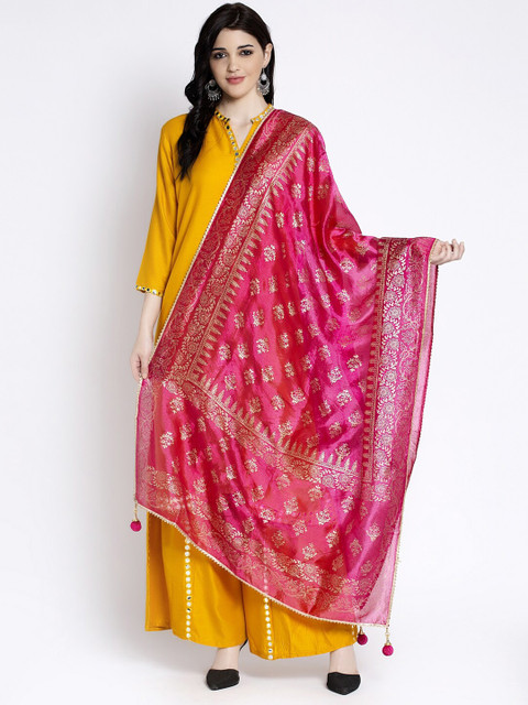 Clora Creation Magenta & Gold Printed Dupatta with Gotta Patti Details