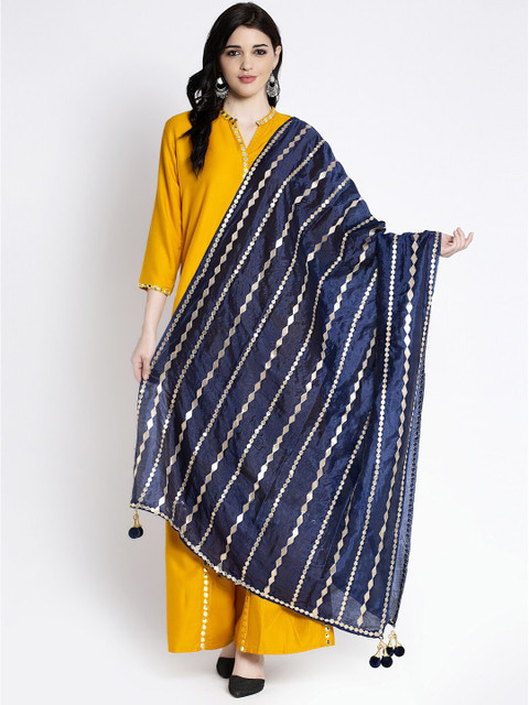 Clora Creation Navy Blue & Gold Striped Dupatta with Gotta Patti Details