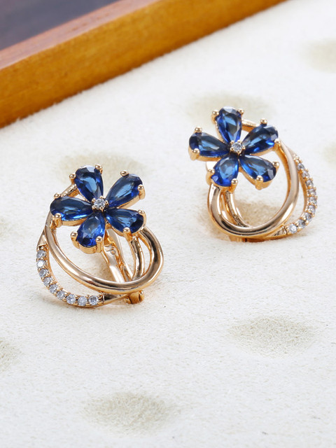Shining Diva Fashion Rose Gold-Plated Blue Floral Studs Earrings - Image 4
