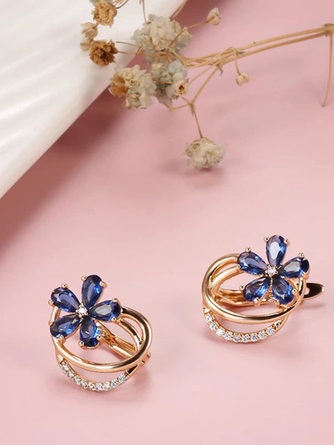 Shining Diva Fashion Rose Gold-Plated Blue Floral Studs Earrings - Image 2