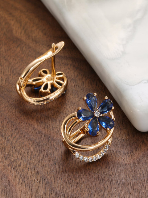 Shining Diva Fashion Rose Gold-Plated Blue Floral Studs Earrings - Image 3