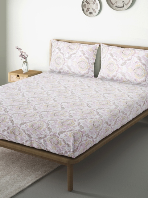 Aura White & Pink Cotton Ethnic Motif Print 144 TC Queen Bedsheet with 2 Pillow Covers