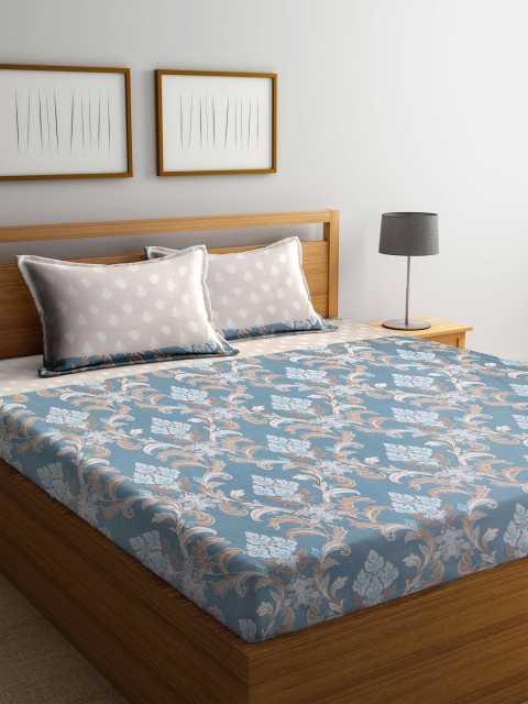Arrabi Beige & Blue Floral 300 TC Super King Bedsheet With 2 Pillow Covers
