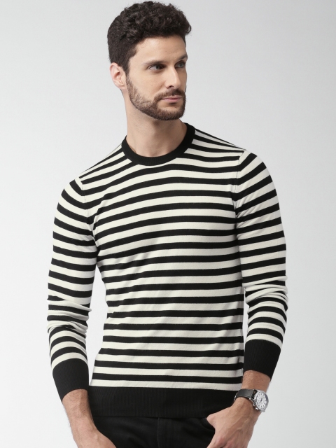 ALCOTT Men White & Black Striped Sweater