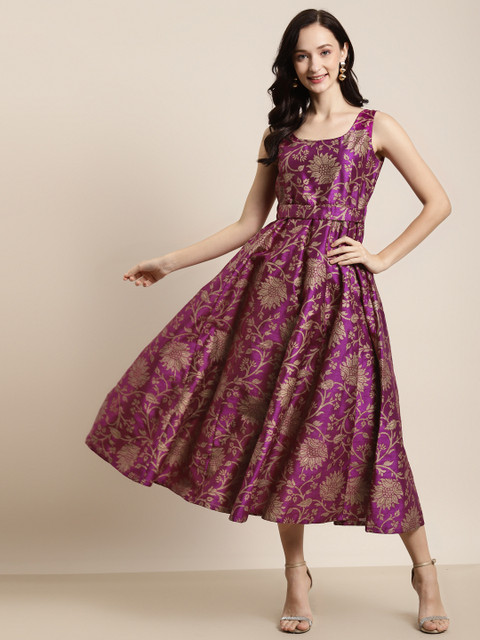 Shae by SASSAFRAS Purple & Gold-Toned Floral Jacquard Self-Belt Maxi Dress