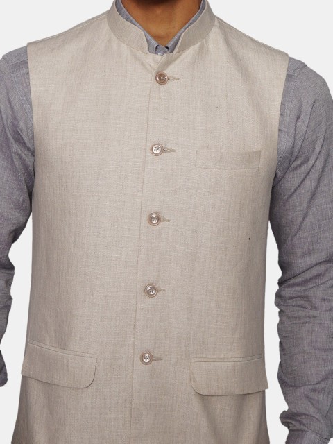 Wintage Men Cream Coloured Solid Woven Nehru Jacket - Image 2