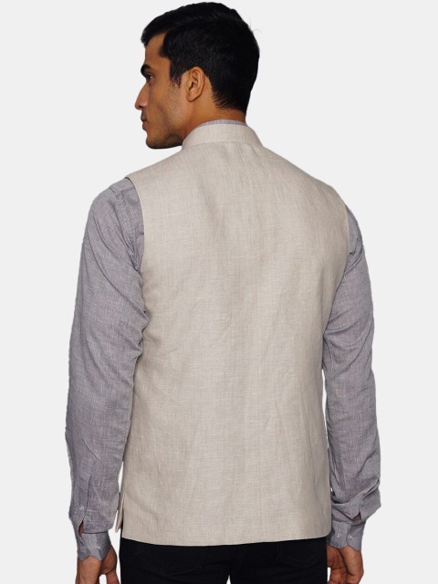 Wintage Men Cream Coloured Solid Woven Nehru Jacket - Image 4