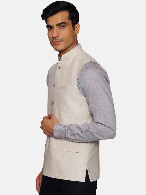 Wintage Men Cream Coloured Solid Woven Nehru Jacket - Image 3