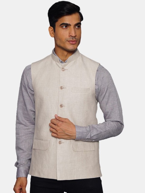 Wintage Men Cream Coloured Solid Woven Nehru Jacket