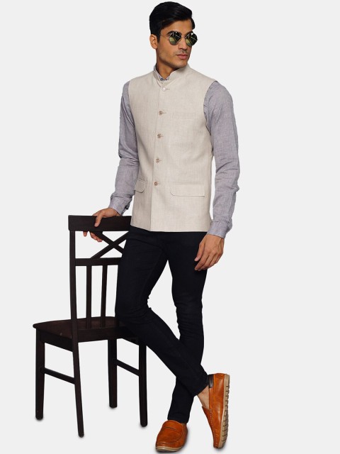 Wintage Men Cream Coloured Solid Woven Nehru Jacket - Image 5