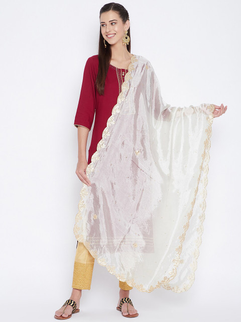 Clora Creation Cream-Coloured & Gold-Toned Embroidered Gotta Patti Dupatta