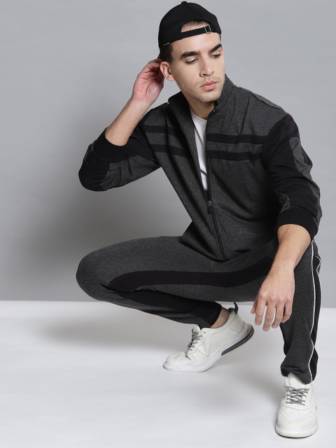 Alcis Men Charcoal Grey & Black Colourblocked Tracksuit