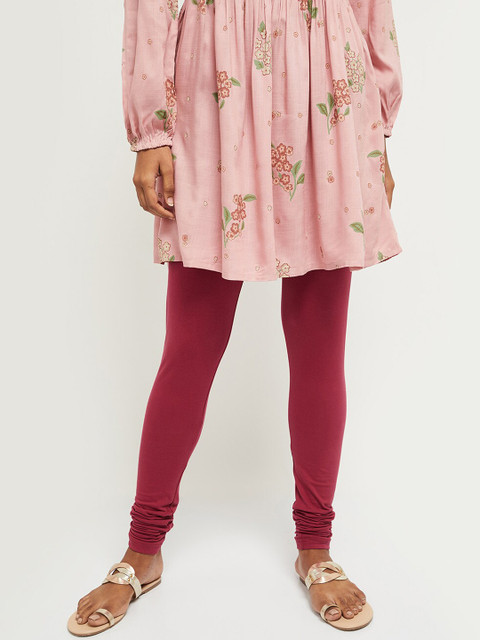 max Women Maroon Solid Churidar-Length Leggings