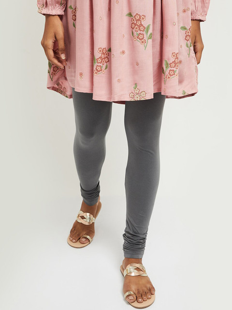 max Women Grey Solid Churidar-Length Leggings