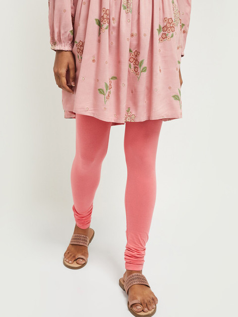 max Women Coral-Pink Solid Churidar-Length Leggings