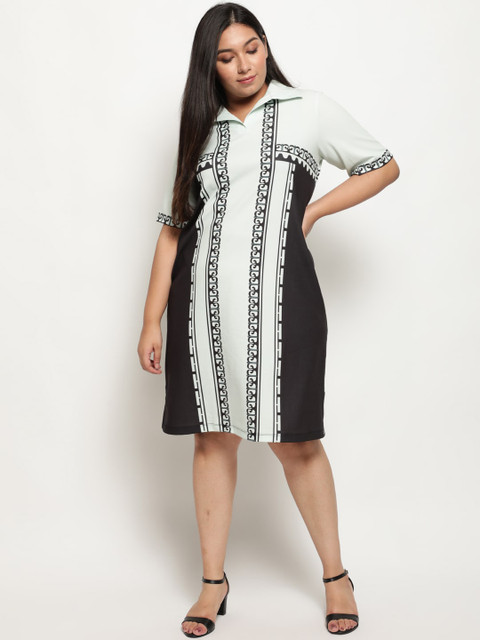 Amydus Women Plus Size White & Black Printed Shirt Dress