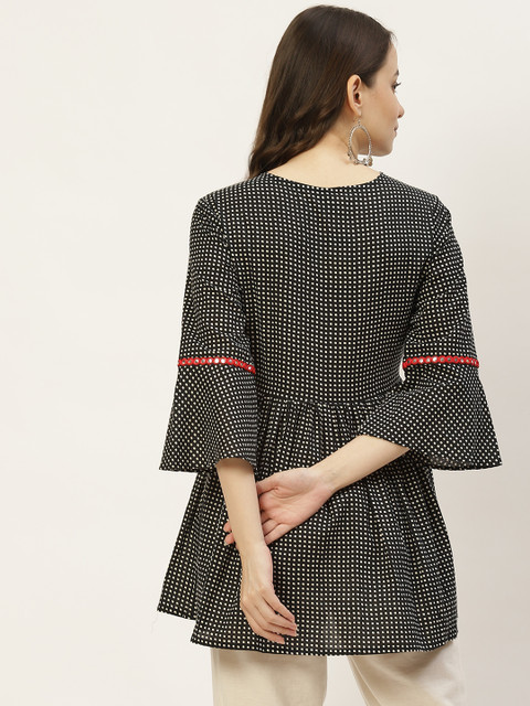 FABRIC FITOOR Black & White Geometric Tie-Up Neck Regular Top - Image 4