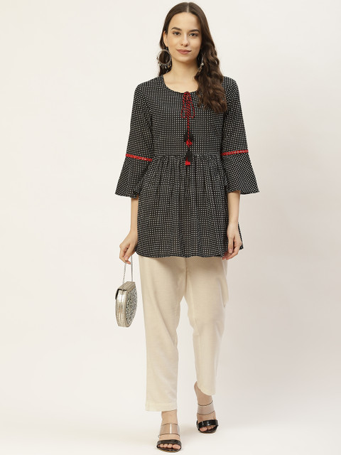 FABRIC FITOOR Black & White Geometric Tie-Up Neck Regular Top - Image 5