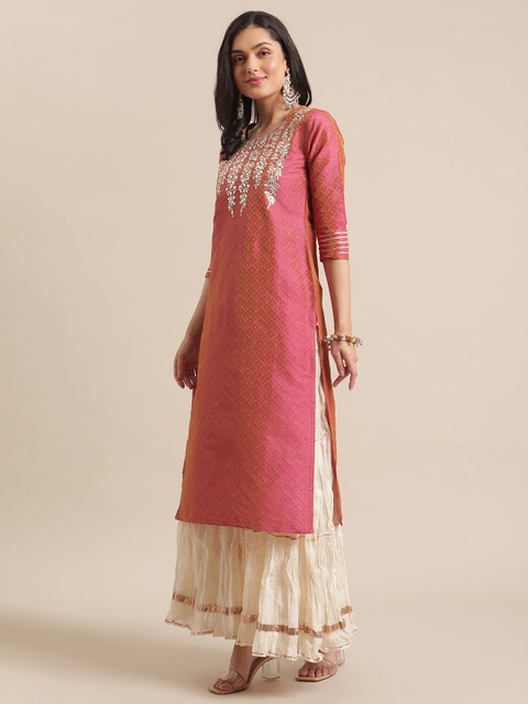 Varanga Women Coral Dual Tone Floral Gota Patti Embroidered Jacquard Kurta - Image 5