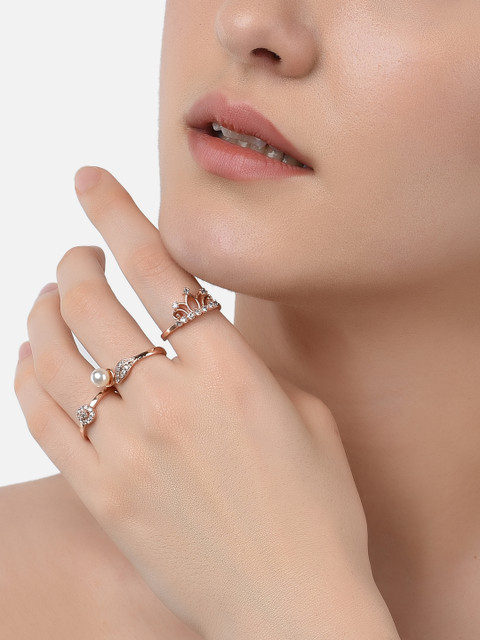 AMI Set Of 3 Rose Gold-Plated White CZ-Studded & Beaded Adjustable Contemporary Finger Rings