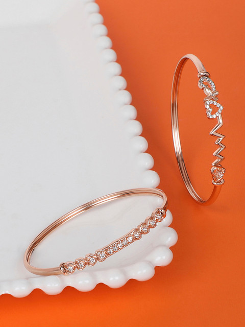 Zaveri Pearls Set Of 2 White Brass Cubic Zirconia & Rose Gold-Plated Kada Bracelet