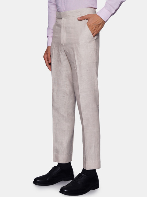 Wintage Men Cream-Coloured Pure Linen Formal Trousers - Image 2