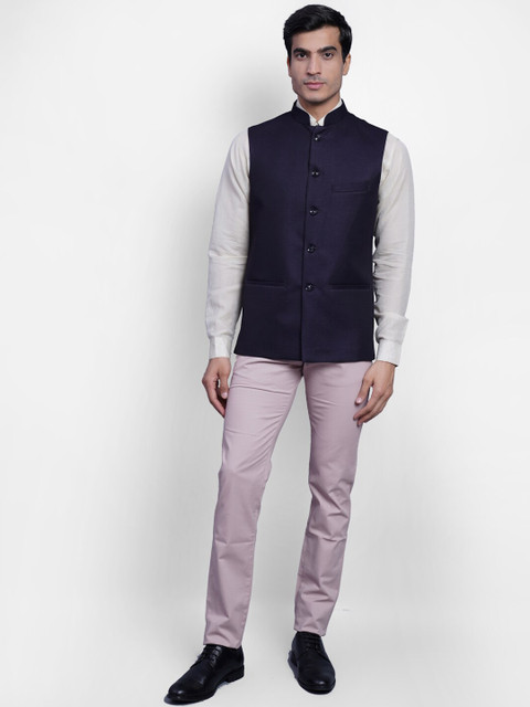 Wintage Men Navy Blue Solid Woven Nehru Jacket - Image 5