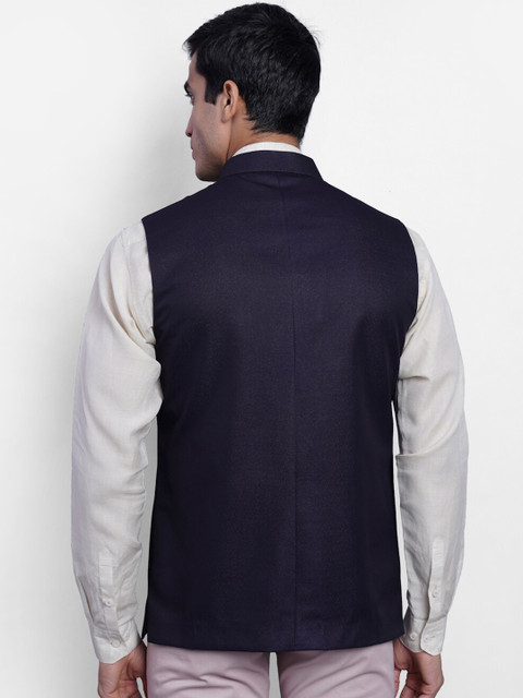 Wintage Men Navy Blue Solid Woven Nehru Jacket - Image 4