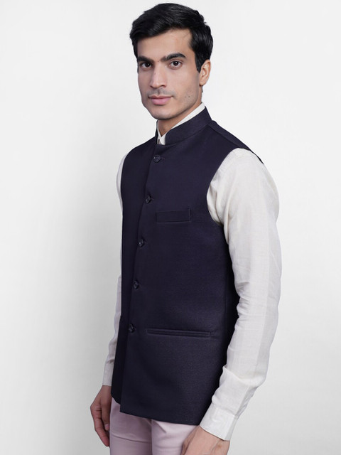 Wintage Men Navy Blue Solid Woven Nehru Jacket - Image 3