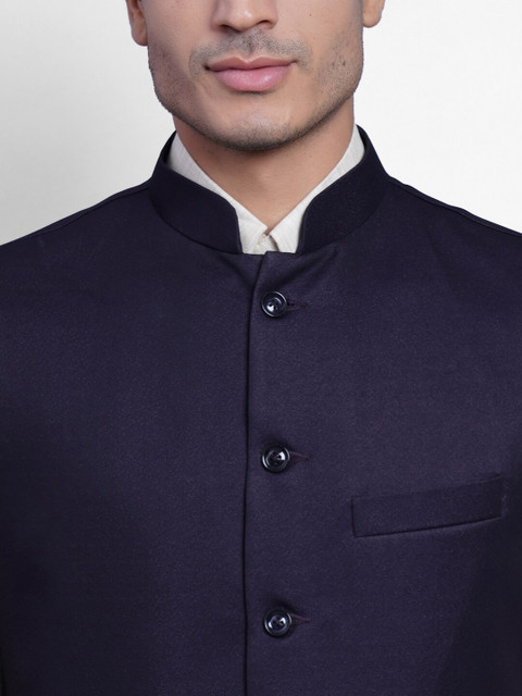 Wintage Men Navy Blue Solid Woven Nehru Jacket - Image 2