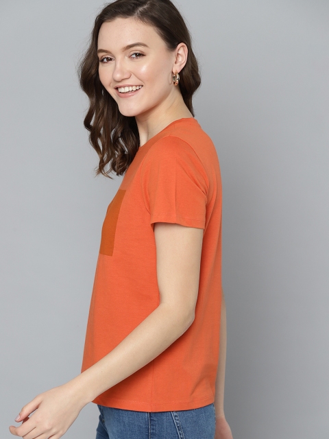 Mast & Harbour Women Orange & Black Typography Print Pure Cotton T-shirt - Image 3