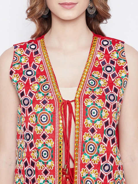 TULIP 21 Women Red Phulkari Embroidered Crop Open Front Ethnic Jacket - Image 2